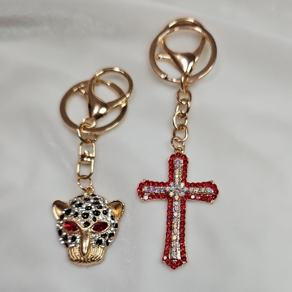 Lot of 2 Keychains Bag Charms Red Cross Gold Tone Cheetah Rhinestones Crystals